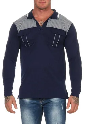 Produktbild von Herren Polo Shirt Langarm Longsleeve mit Brusttaschen; Dunkelblau-Grau M