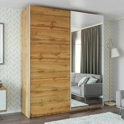 Produktbild von Schwebetürenschrank RODOS 225 cm mit Spiegel – Kleiderschrank modern, großer Schlafzimmer Schrank (Eiche Wotan)