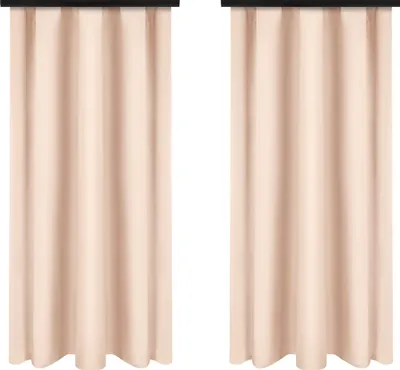 Two beige curtains hanging side-by-side against a white background.