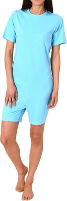 Produktbild von Damen Pflegeoverall kurzarm Einteiler Schlafanzug mit Reissverschluss am Rücken und Bein ; türkis , S
