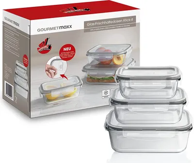 Obrázek produktu pro GOURMETmaxx skleněné nádoby na potraviny click-it sada 3 ks Vynikající do myčky nádobí, mikrovlnné trouby a mrazničky Vzduchotěsné a nepropustné
