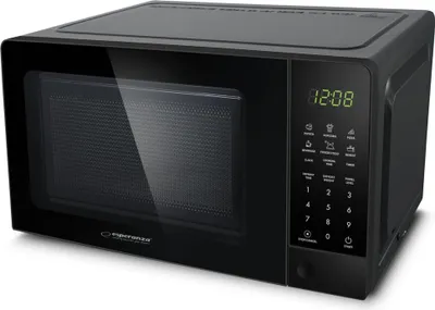 A black microwave oven is shown from a three-quarter front angle on a white background.