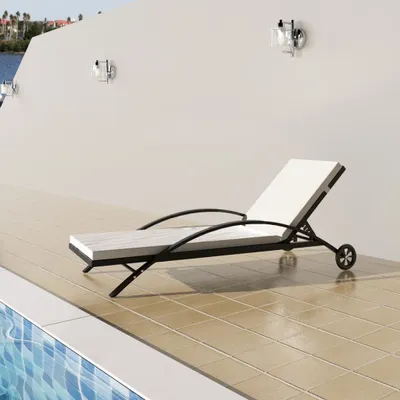 Image de The Living Store Bain de soleil avec coussins & roulettes Poly rotin noir