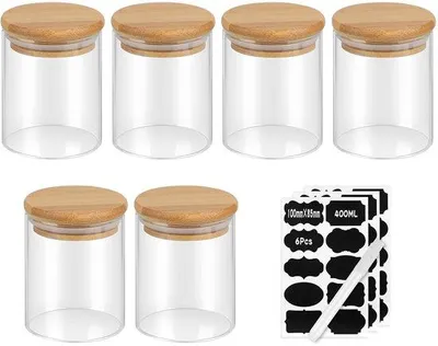 Produktbild von Set aus 6 Glastöpfen à 500 ml - Luftdichter Kräuterglas mit Bambusdeckel