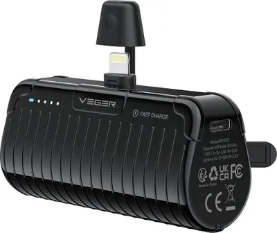 A black VEGER power bank with a built-in Lightning connector.