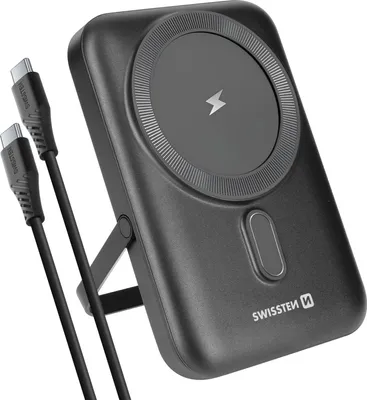 A black power bank with a magnetic charging surface and two USB-C cables is shown against a white background.