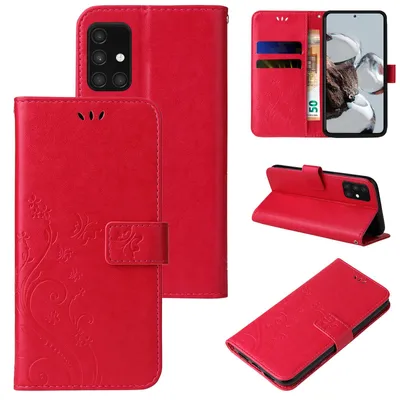 Produktbild von Handyhülle für Samsung Galaxy A71 Floral Blumen Schmetterling Flip Cover Hülle Case Klapphülle Handytasche Farbe: Rot