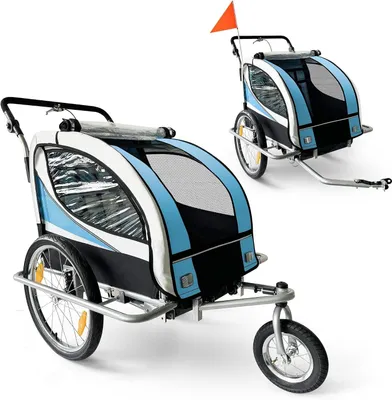 Zdjęcie produktu dla Przyczepka rowerowa i buggy - dla dzieci - Bezpieczne wycieczki - Koło obrotowe 360° - Dla 2 dzieci - Niebiesko-czarna