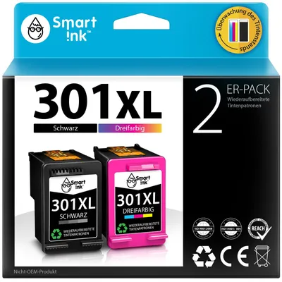 Immagine prodotto di Cartucce ricaricate Smart Ink compatibili con HP 301XL 301 XL (confezione doppia: nero e colori) per stampanti DeskJet 1000, 1050, 2050, 2050A, 1510, 3055a, HP Envy 4500, 4504, 5530, Officejet 2620, 2622