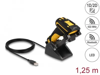 Produktbild von DeLOCK Industrie Barcode Scanner 1D und 2D für 433 MHz oder Bluetooth mit induktiver Ladestation, Tragbares Barcodelesegerät, 1D/2D, CMOS, Code 128, EAN-13, EAN-8, ISBN, Interleaved 2 of 5, Datenmatrix, Micro QR Code, MicroPDF417, QR Code, 1280 x 800 Pixel