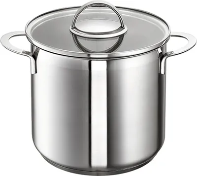 A stainless steel pot with a glass lid and handles, shown from the front.