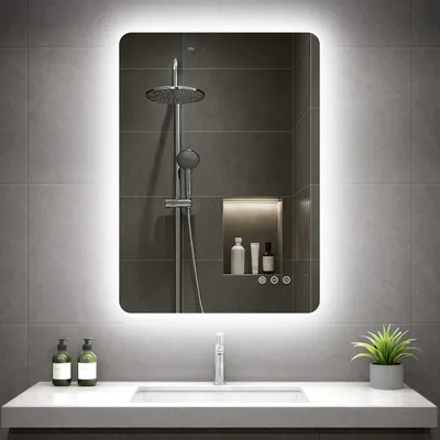 Produktbild von GIMBELEN LED-Badspiegel, 50 x 70 cm, 3 Lichtfarben, dimmbar, Touch-Schalter, beschlagfrei, IP44, Silber