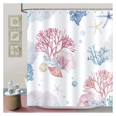 Produktbild von Duschvorhang in Rosa und Blau mit Korallenmotiv, 180 x 180 cm, wasserdicht und schimmelresistent, waschbar, inklusive 12 Haken