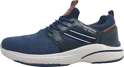 A side view of a navy blue Dockers by Gerli men's sneaker against a white background.