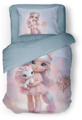 Obrázek produktu pro Unyqoos® Dětská sada povlečení "Princezniny noci" 140x200/220 cm – Motivy princezny a jednorožce, 100% mikrovlákno, růžová/fialová/modrá, včetně povlaku na polštář a se zapínáním na zip