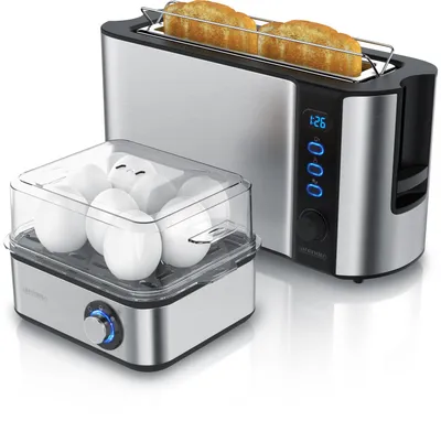 Produktbild von Arendo 2-teiliges Frühstücksset, 2-Scheiben Langschlitztoaster FRUKOST, 8er Eierkocher, Silber