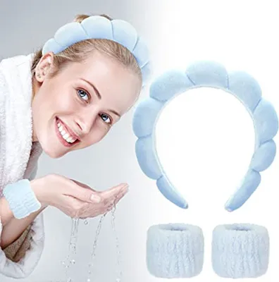 Image de ASKSA 3 pièces Spa bandeau poignet bande de lavage Set Make up bande de cheveux, bleu