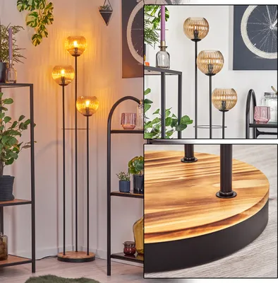Produktbild von Cesaro Stehlampe aus Metall/Holz/Riffelglas in Schwarz/Hellbraun/Bernstein