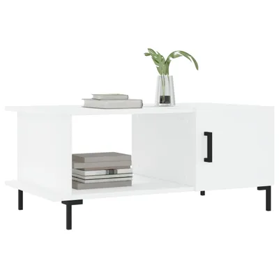 A modern white coffee table with a storage compartment and black legs.
