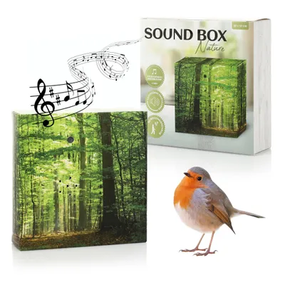 A product shot featuring a sound box with a forest scene, a robin, and musical notes, alongside its packaging.
