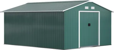 Produktbild von Outsunny Gerätehaus 12,4 m² Gartenhaus mit Satteldach, Schiebetür, Fundament Grün