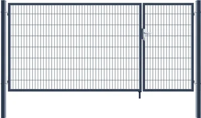 A double-leaf garden gate made of metal mesh with a dark gray frame and a latch mechanism.
