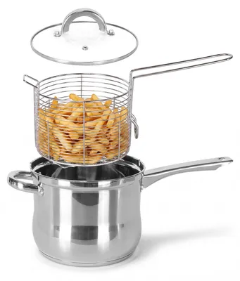Produktbild von Frittiertopf 3,5L aus Edelstahl mit Frittierkorb & Glasdeckel – Induktion, Gas, Glaskeramik & Elektro – Pommestopf Fritteuse Spülmaschinenfest