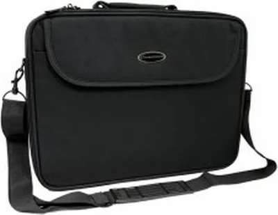 A black laptop bag is shown against a white background.