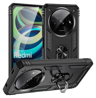 A black protective phone case with a ring holder, shown from multiple angles.