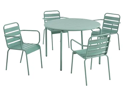 Produktbild von Garten-Esszimmer aus Metall  – Tisch  Durchmesser 110 cm und 4 Sessel – Farbe Mandelgrün – MIRMANDE