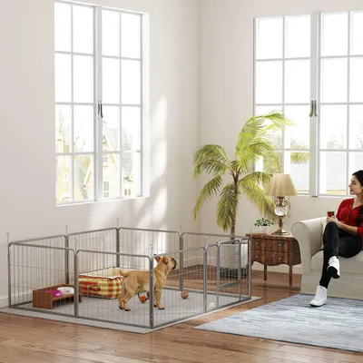 Produktbild von Hundegehege faltbar, 8 Paneele flexibel konfigurierbar, Haustierlaufstall Stahl, Silber | 160 x 160 x 60 cm | 11 kg | In- & Outdoor