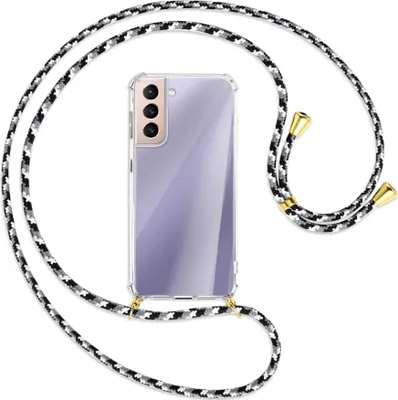 Produktbild von Handykette Backcover-Schutzhülle mit Band (Metall goldfarben) für Samsung Galaxy S21 5G - schwarz/grau/weiß