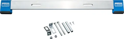 A product shot of a metal traverse bar with blue end caps and a set of hardware components below it, all on a white background.