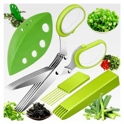 Produktbild von 4 Stück Kräuterscheren, Edelstahl Küchenschere mit 5 Klingen, Gewürzschere, Schnittlauchschere, Kräuterschere, inklusive Sicherheitsabdeckung, Reinigungskamm und Kräuterstripper