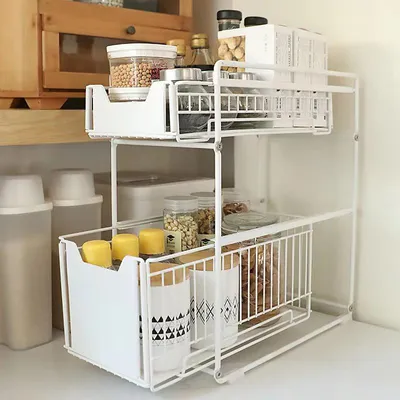 Produktbild von 2 Etagen Schiebeschrank Korb Ausziehbarer Organizer Schublade Gewürzregal Unterschrank für Küche und Bad 37.4x26.5x44cm
