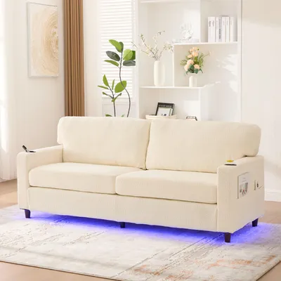 Produktbild von Sweiko Moderner 2-Personen Chenille-Sofa mit USB-C, LED-Ambiente, Getränkehaltern und Seitentaschen. Holz/Metall-Rahmen mit Komfortschaum. Ideal für Wohnzimmer, Schlafzimmer oder Büro. beige