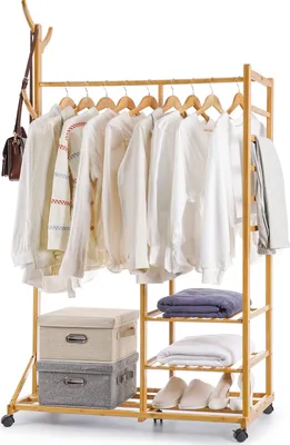 Produktbild von Yorbay Kleiderständer Bambus Garderobenständer mit Kleiderstange und Ablagen, Garderobenständer Garderobe Ständer mit Schuhregal,100 x 38 x 176cm