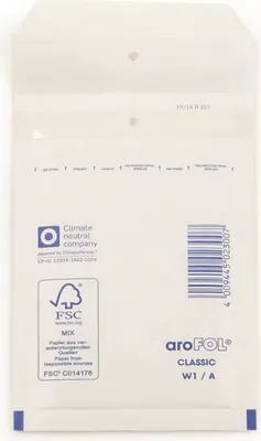 The image shows the back of a white padded envelope.