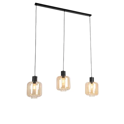 Produktbild von QAZQA - Design Hängelampe I Pendellampe I Pendelleuchte schwarz mit Braunglas 3-flammig-Licht 161,5 cm - Qara I Wohnzimmer I Schlafzimmer - Länglich - LED geeignet E27