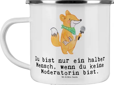 Produktbild von Mr. & Mrs. Panda Emaille Tasse Moderatorin Herz - Weiß - Geschenk, Pott, Motivtasse, becher, Teetasse, Haferl