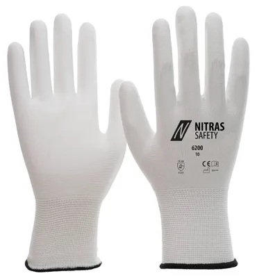 Produktbild von 20x NITRAS Nylonhandschuhe, weiß, PolyurethanBeschichtung, weiß (Farbcode: 1100), teilbeschichtet auf Innenhand und Fingerkuppen, Strickbun| Packung (12 Paare)