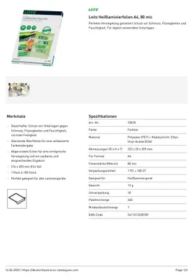 Productafbeelding van Leitz 33818 Foliohouder - A4, glanzend, 80 mym, 100 stuks
