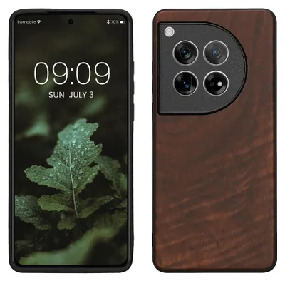 Produktbild von kwmobile Handyhülle für OnePlus 12 Hülle Holz - Case mit TPU Bumper - Stoßfestes Hardcase - Schutzhülle Cover in Dunkelbraun