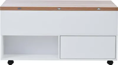 Image de Sweiko 100x50x52cm Table basse avec 4 roulettes,table de salon multifonctionnelle avec 4 tiroirs, table basse relevable, table basse réglable en hauteur,table d'appoint et table de repas avec espace de rangement,blanc + couleur bois