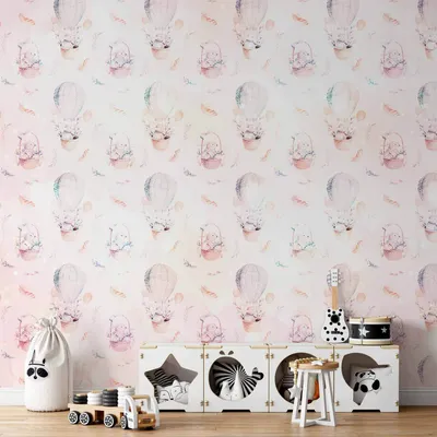 Produktbild von Selbstklebende Folie Fototapete - Solid pattern with feathers - hares in a basket and in a balloon for children 392x280 cm Für Kinder e-C-10006-a-a