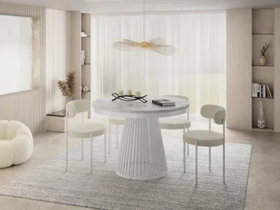 Produktbild von Esstisch Rund Ausziehbar mit Lamellen im Loft-Stil – 100 bis 180 cm – Industrieller Tisch mit Weißen Metallbeinen, Platzsparend für Wohnzimmer oder Esszimmer – Marmor Weiß