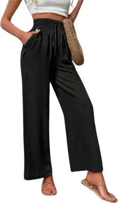 Produktbild von ASKSA Damen Hose Hohe Taille Weitem Bein Einfarbig Freizeithose Tunnelzug Leicht Sommerhose Mit Taschen (Schwarz,M)