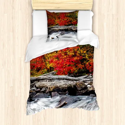 Produktbild von ABAKUHAUS Herbst Bettbezug Set für Einzelbetten, Herbst Wald Treibholz, Milbensicher Allergiker geeignet mit Kissenbezug, Rot