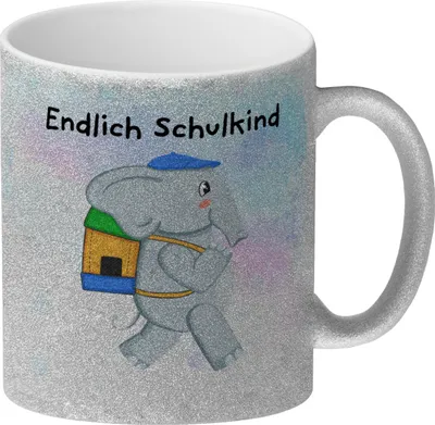 Produktbild von Endlich Schulkind Elefant Glitzer-Kaffeebecher für die Einschulung