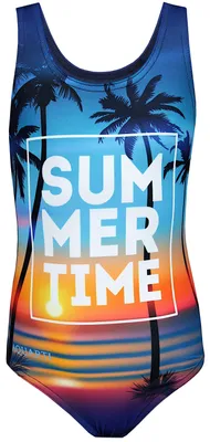 Produktbild von Aquarti Mädchen Badeanzug mit Ringerrücken Print, Farbe: Summer / Time / Dunkelblau / Orange / Lila, Größe: 116